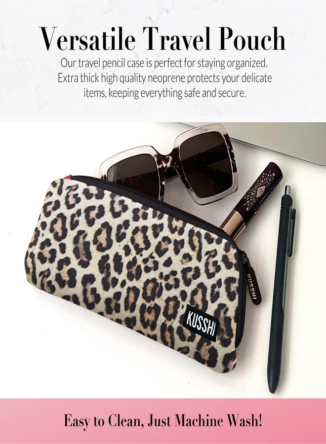 KUSSHI Neoprene Zipper Makeup Brush Pouch and Travel Pencil Case for Beauty Tools, Pencils, Brushes & Small Accessories - Makeup Brush Bag Pouch for Organization and Travel Items (Leopard/Red) - Image 4