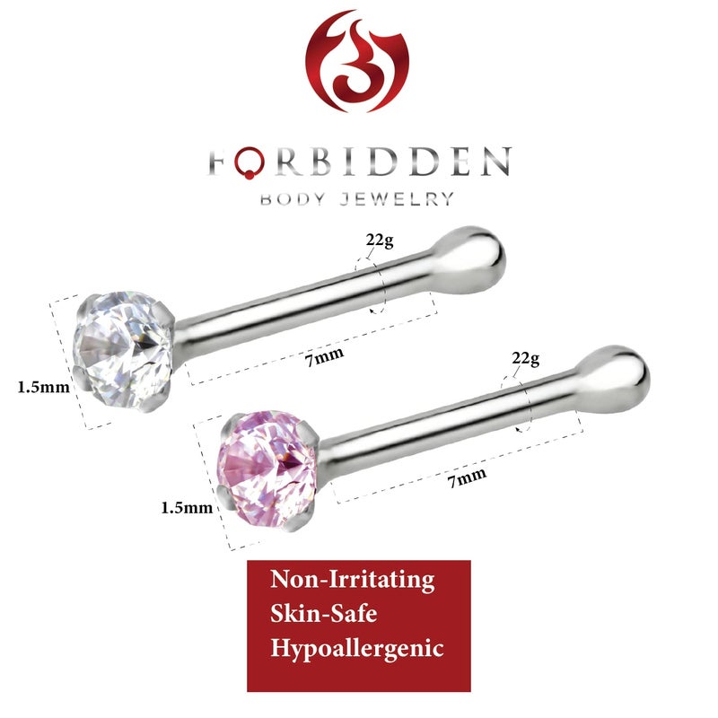 Forbidden Body Jewelry Nose Rings Sterling Silver CZ Simulated Diamond Bone Studs, 1.5mm Crystal 22g Rose Pair - Image 2