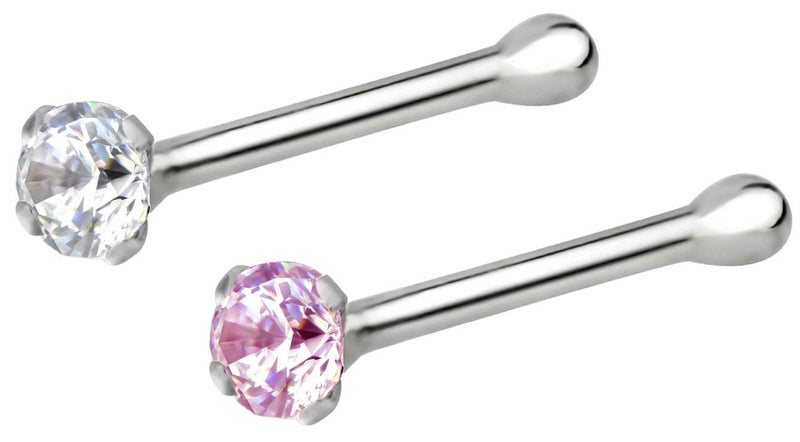 Forbidden Body Jewelry Nose Rings Sterling Silver CZ Simulated Diamond Bone Studs, 1.5mm Crystal 22g Rose Pair - Image 1