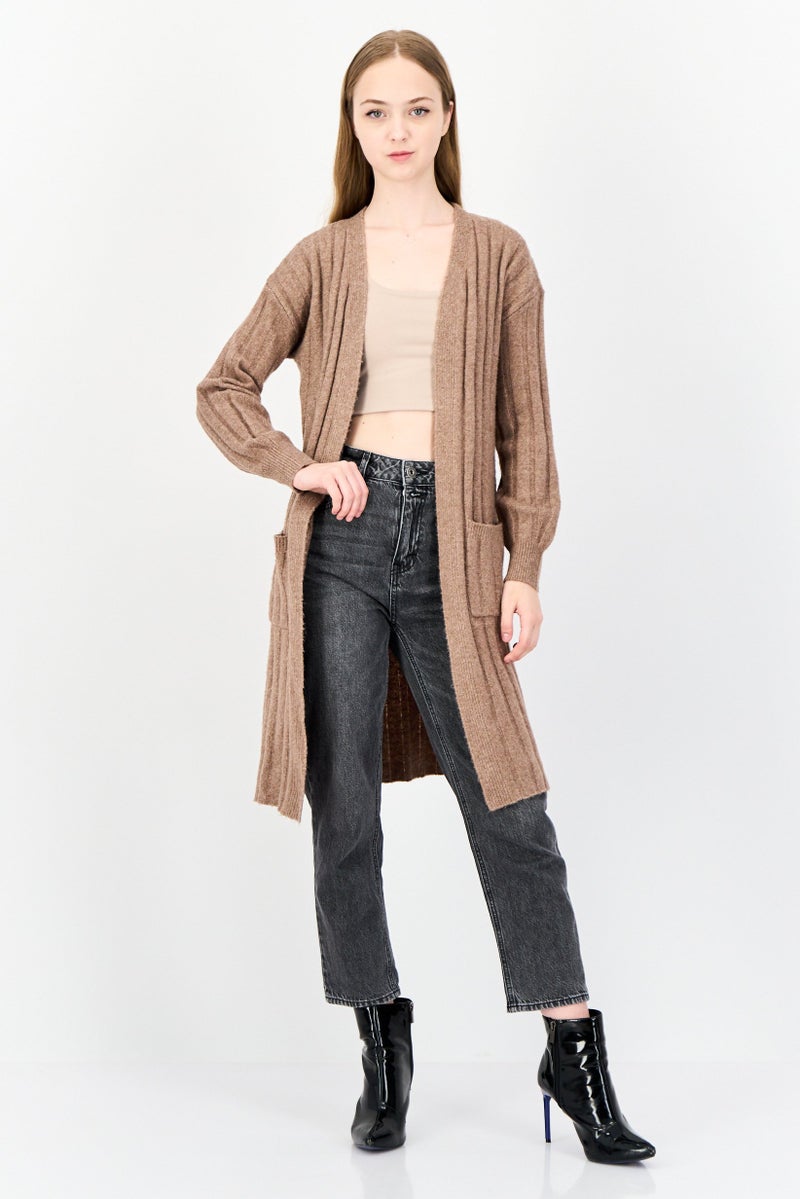 Pink Rose Women Split Neck Textured Cardigan, Brown  - Image 1