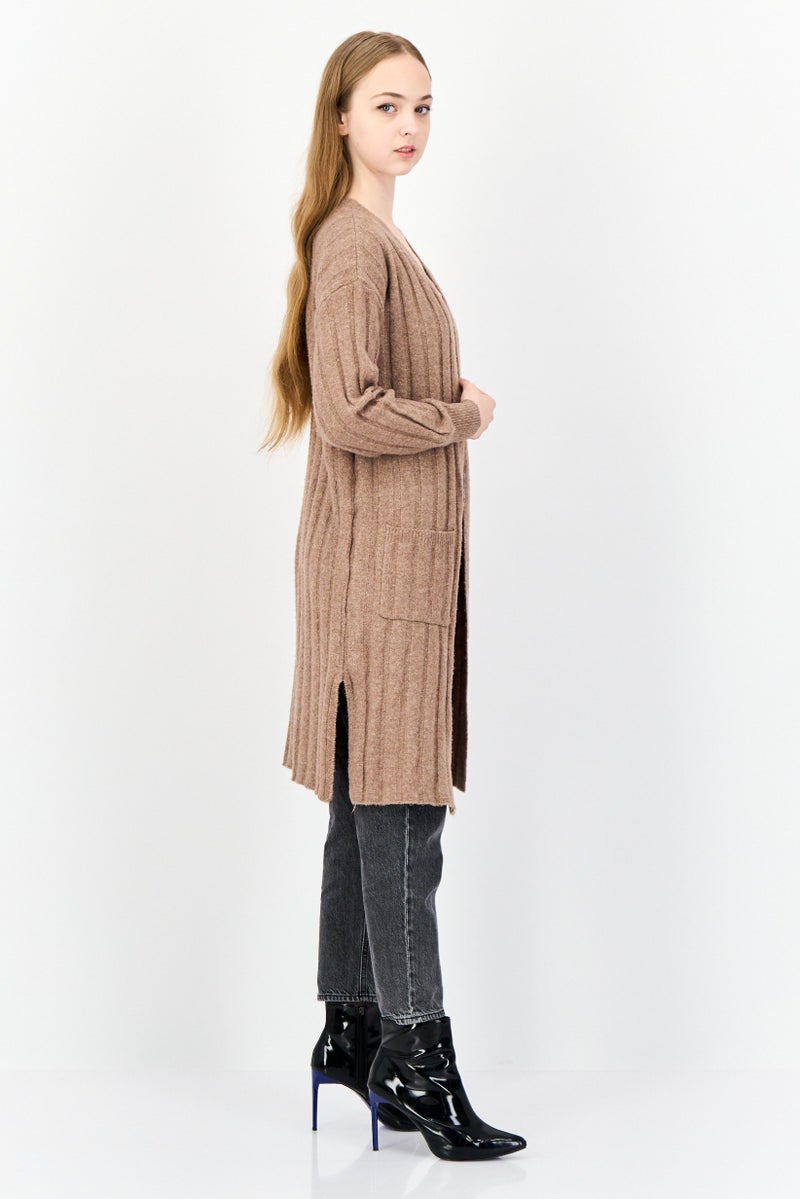 Pink Rose Women Split Neck Textured Cardigan, Brown  - Image 2
