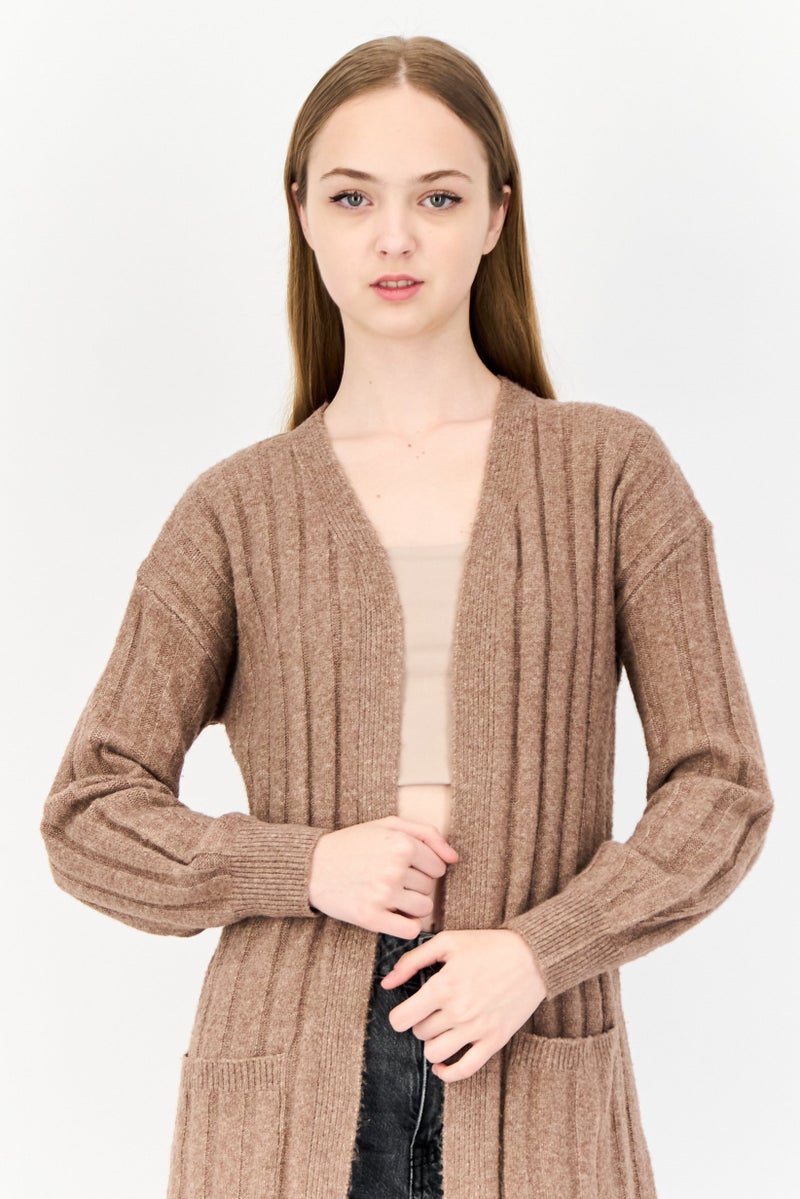 Pink Rose Women Split Neck Textured Cardigan, Brown  - Image 3