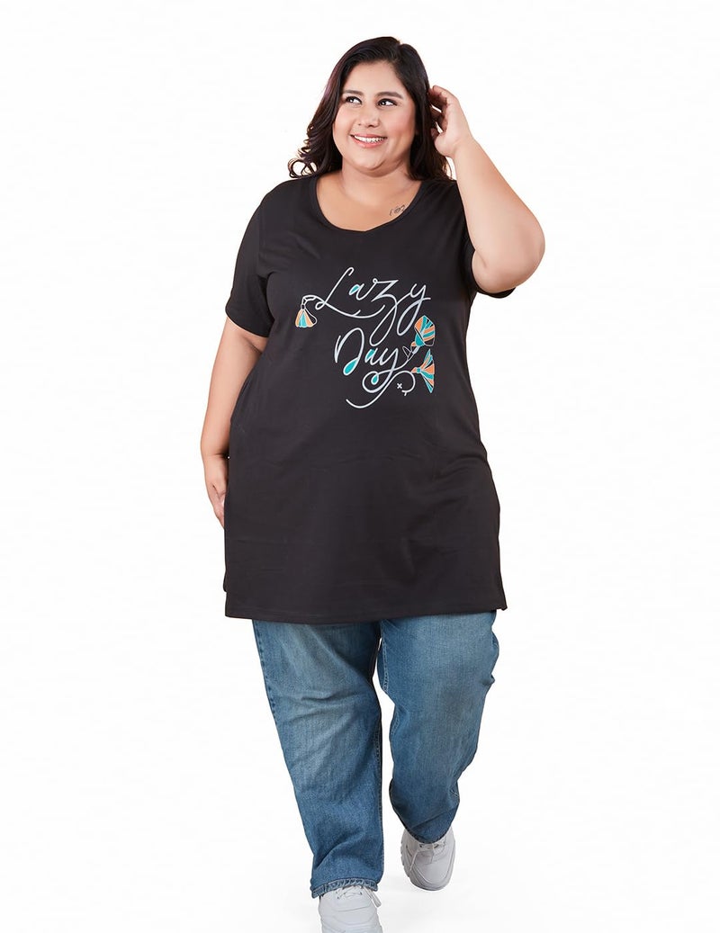 CUPID Regular Fit Cotton Round Neck Half Sleeve T-Shirt, Plus Size Night n Sleep Wear, Daily Use Gym n Lounge Wear Long Tops for Women_Black_3XL - Image 2