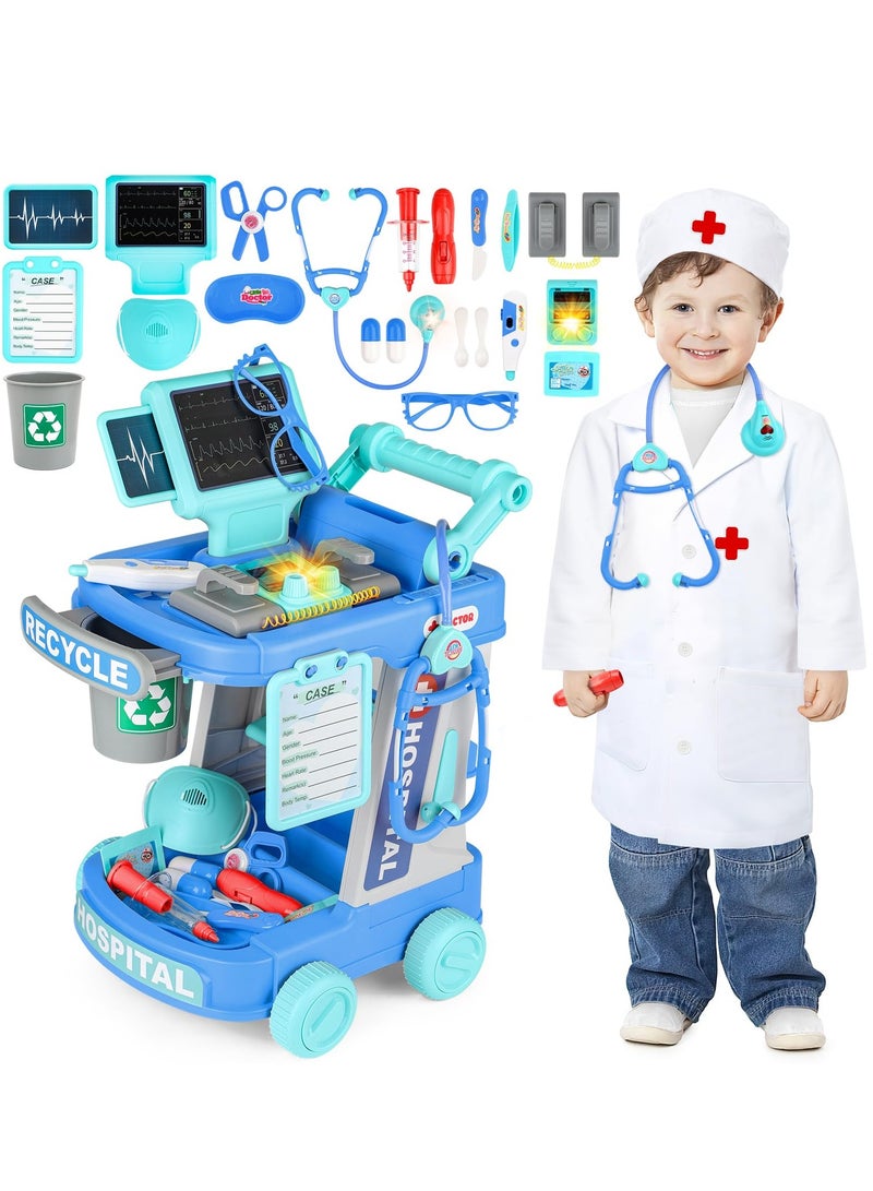 XiuWoo Doctor Cart Kit for Kids Toy Pretend Playset with Doctor Costume Stethoscope and Medical Instruments Role Play Mobile Medical Station Set for Toddlers Girls Boys Age 3-6, Blue - Image 1