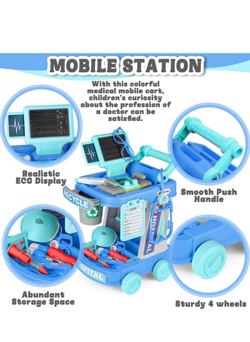 XiuWoo Doctor Cart Kit for Kids Toy Pretend Playset with Doctor Costume Stethoscope and Medical Instruments Role Play Mobile Medical Station Set for Toddlers Girls Boys Age 3-6, Blue - Image 2