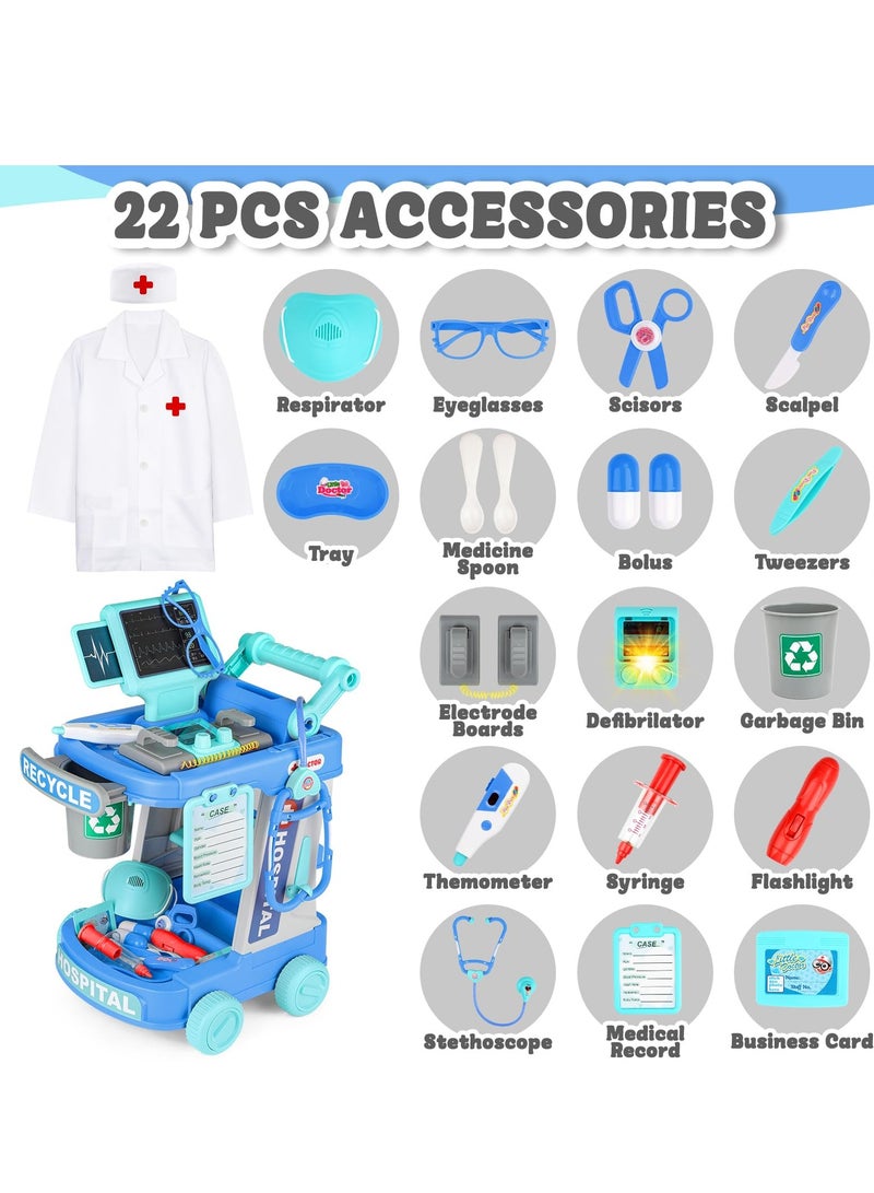 XiuWoo Doctor Cart Kit for Kids Toy Pretend Playset with Doctor Costume Stethoscope and Medical Instruments Role Play Mobile Medical Station Set for Toddlers Girls Boys Age 3-6, Blue - Image 4
