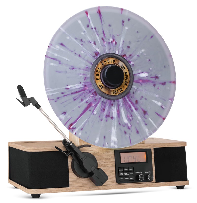 Fuse Wrap Vertical Vinyl Record Player | FM Radio, Bluetooth in/Out, AUX, Line Out | Alarm Clock | Premium Ceramic Needle | Full Range Speakers | New Bamboo Color - Image 1