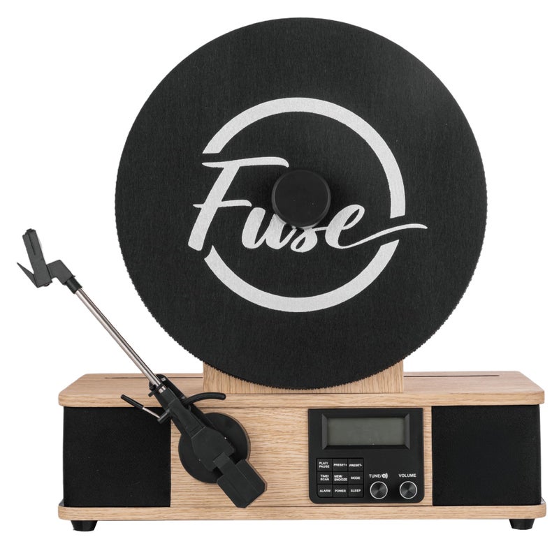Fuse Wrap Vertical Vinyl Record Player | FM Radio, Bluetooth in/Out, AUX, Line Out | Alarm Clock | Premium Ceramic Needle | Full Range Speakers | New Bamboo Color - Image 4