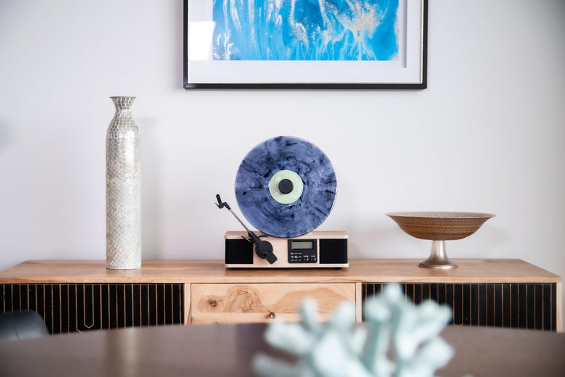 Fuse Wrap Vertical Vinyl Record Player | FM Radio, Bluetooth in/Out, AUX, Line Out | Alarm Clock | Premium Ceramic Needle | Full Range Speakers | New Bamboo Color - Image 2