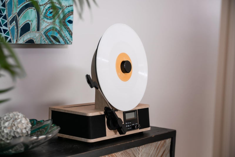 Fuse Wrap Vertical Vinyl Record Player | FM Radio, Bluetooth in/Out, AUX, Line Out | Alarm Clock | Premium Ceramic Needle | Full Range Speakers | New Bamboo Color - Image 3