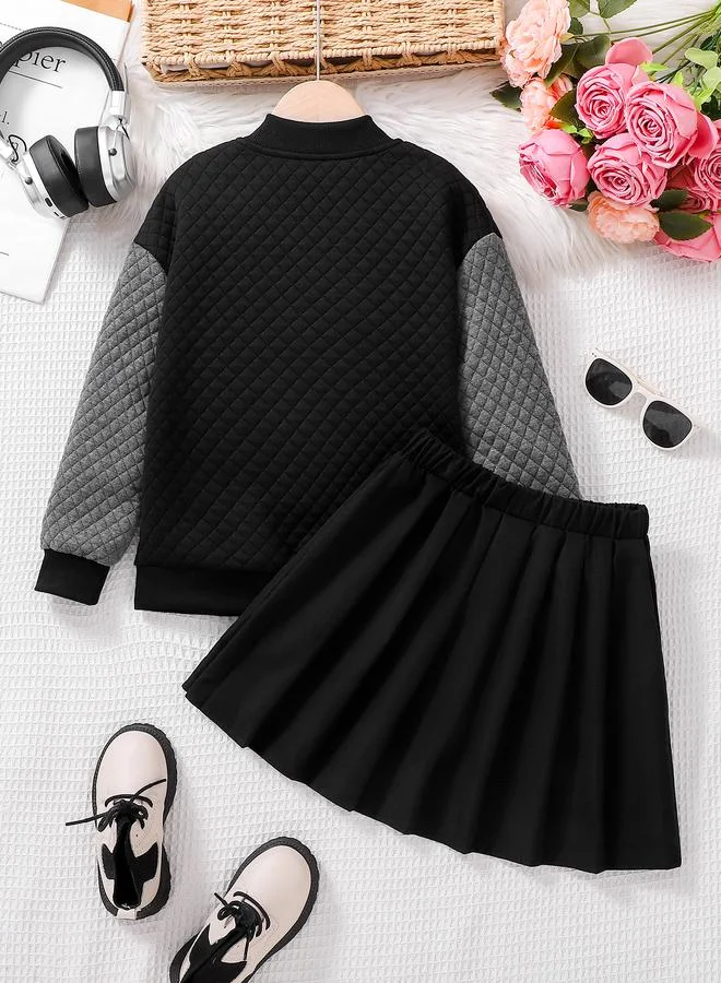 Take Two Take Two Girls Black Textured Jacket and Skirt Set