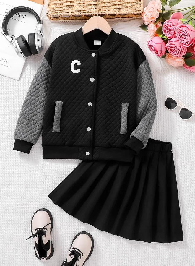 Take Two Take Two Girls Black Textured Jacket and Skirt Set