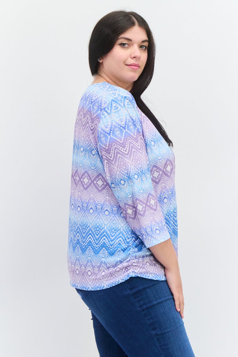 Alfred Dunner Women Split Neck 3/4th Sleeve Allover Print Shirt, Blue Combo - Image 2