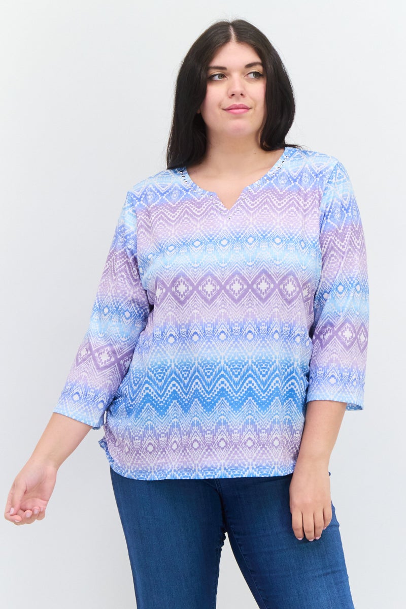 Alfred Dunner Women Split Neck 3/4th Sleeve Allover Print Shirt, Blue Combo - Image 1