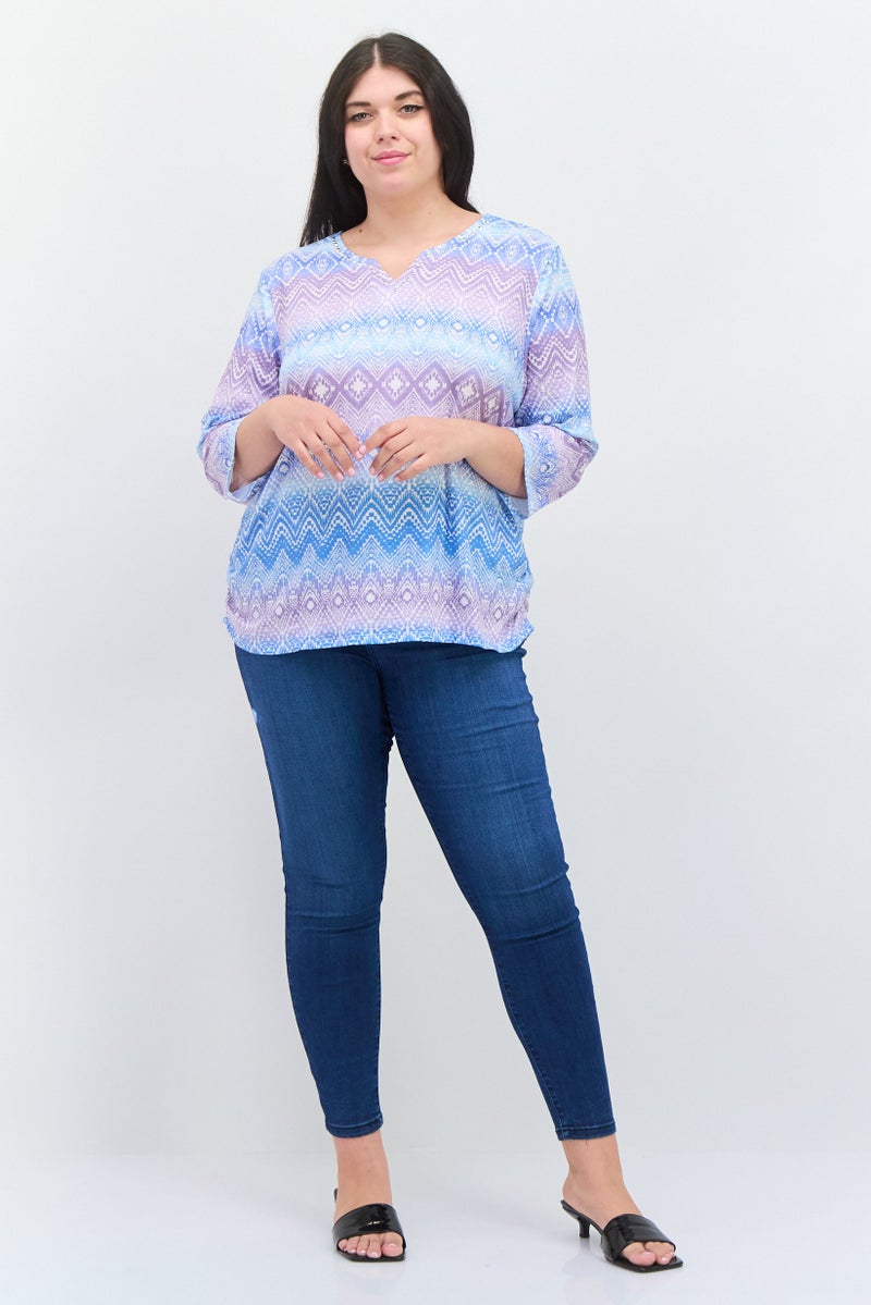 Alfred Dunner Women Split Neck 3/4th Sleeve Allover Print Shirt, Blue Combo - Image 4