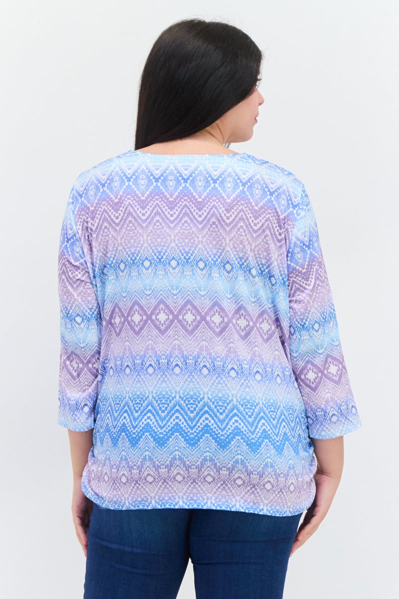 Alfred Dunner Women Split Neck 3/4th Sleeve Allover Print Shirt, Blue Combo - Image 3