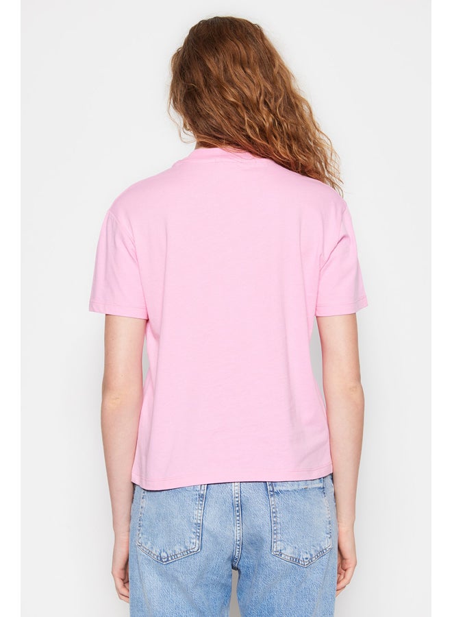 Pink 100% Cotton Basic Stand-Up Collar Knitted T-Shirt TWOAW20TS0096