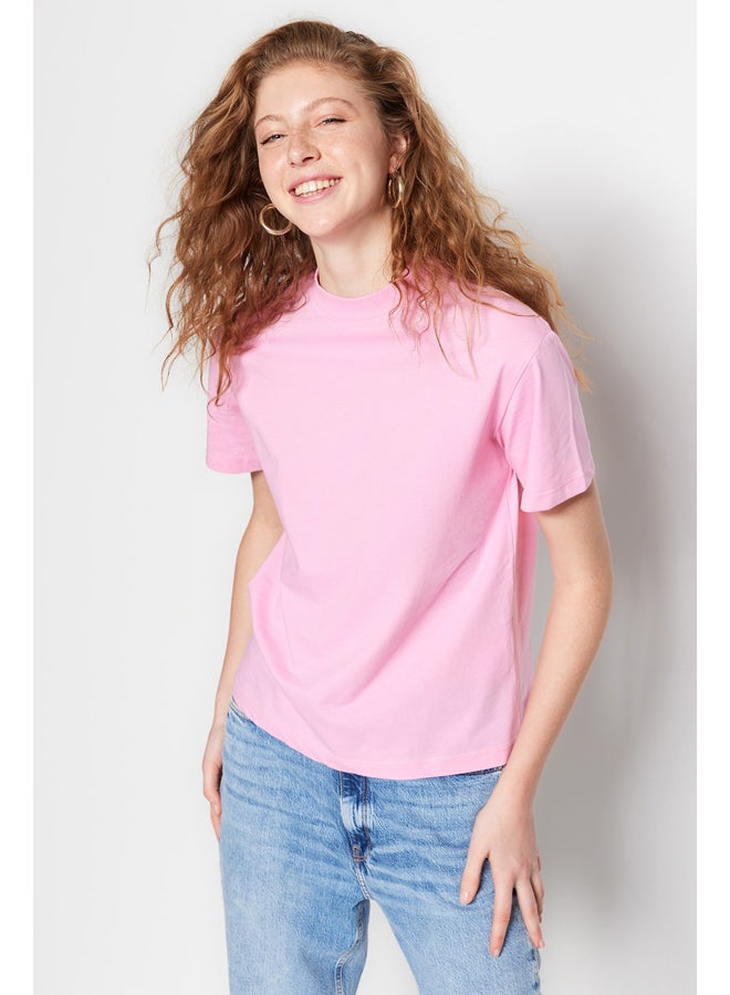 Pink 100% Cotton Basic Stand-Up Collar Knitted T-Shirt TWOAW20TS0096