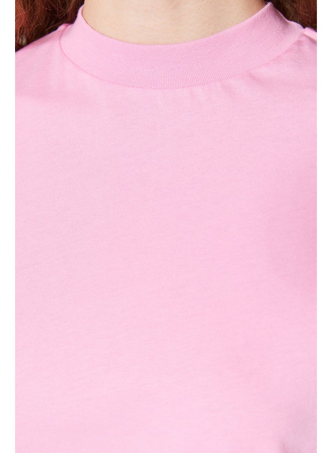 Pink 100% Cotton Basic Stand-Up Collar Knitted T-Shirt TWOAW20TS0096