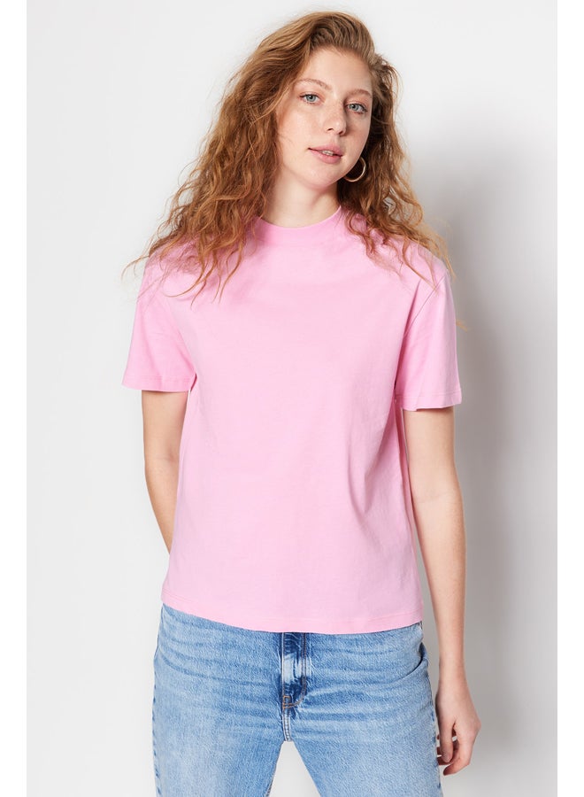 Pink 100% Cotton Basic Stand-Up Collar Knitted T-Shirt TWOAW20TS0096