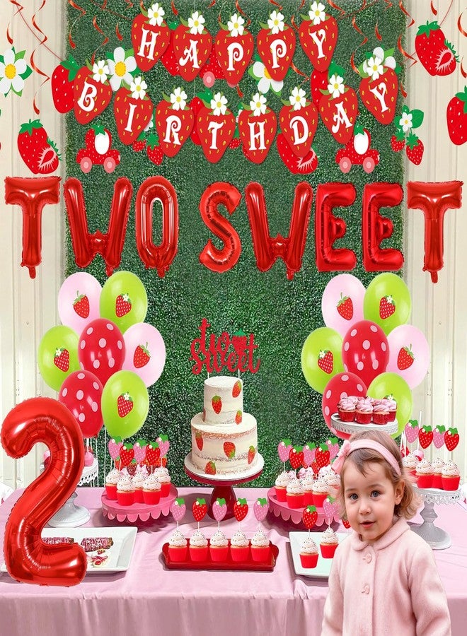 Fangleland Strawberry 2nd Birthday Decorations for Girls, Two Sweet Fruit Themed Banner, Cake Toppers, Hanging Swirls and Balloons Bday Party Supplies - Image 2