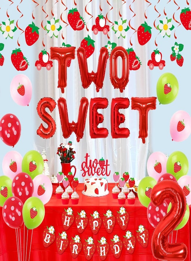 Fangleland Strawberry 2nd Birthday Decorations for Girls, Two Sweet Fruit Themed Banner, Cake Toppers, Hanging Swirls and Balloons Bday Party Supplies - Image 3
