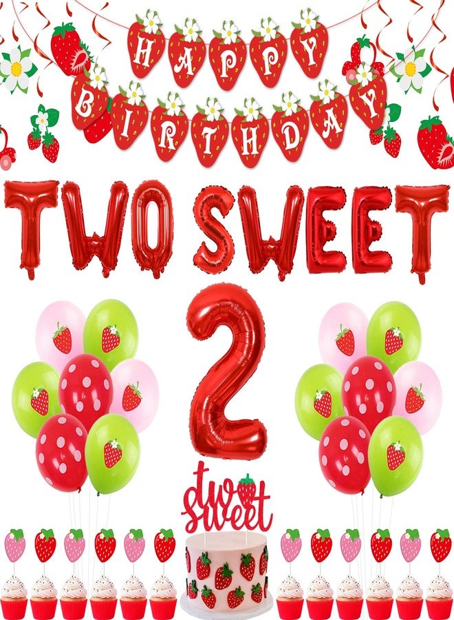 Fangleland Strawberry 2nd Birthday Decorations for Girls, Two Sweet Fruit Themed Banner, Cake Toppers, Hanging Swirls and Balloons Bday Party Supplies - Image 1