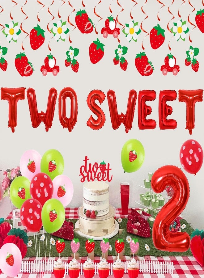 Fangleland Strawberry 2nd Birthday Decorations for Girls, Two Sweet Fruit Themed Banner, Cake Toppers, Hanging Swirls and Balloons Bday Party Supplies - Image 4
