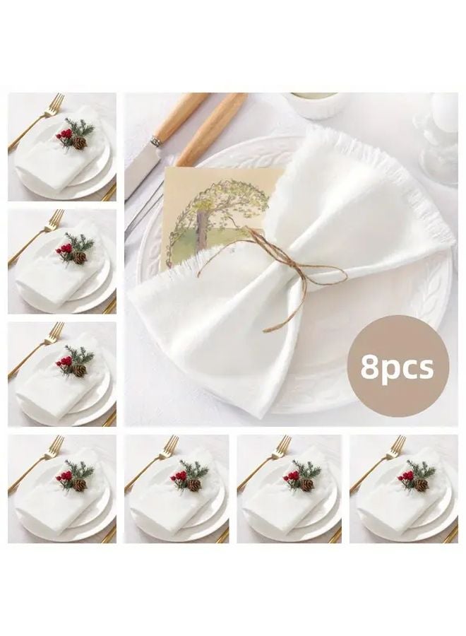White Cotton Napkins 8pcs 16.54x16.54inch Lavender Fringe Pinecone Berry Design Washable for Wedding Party Dining - Image 1