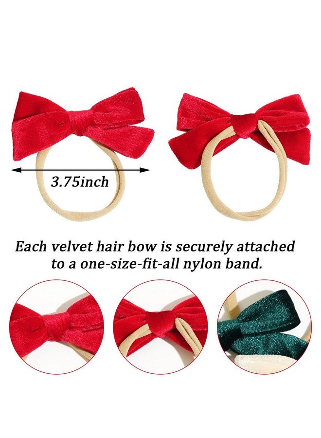 Jeffan 3Pcs 3.75" Velvet Baby Bows Headbands, Nylon Hairbands Elastic Hair Accessories for Newborn Infant Toddlers(Red, Beige, Dark Green) - Image 2