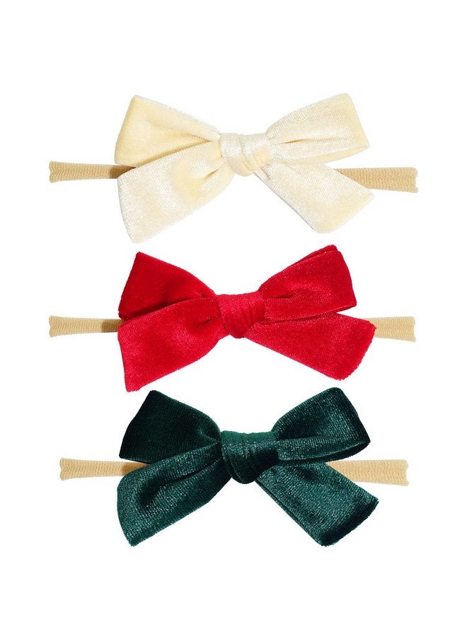 Jeffan 3Pcs 3.75" Velvet Baby Bows Headbands, Nylon Hairbands Elastic Hair Accessories for Newborn Infant Toddlers(Red, Beige, Dark Green) - Image 1