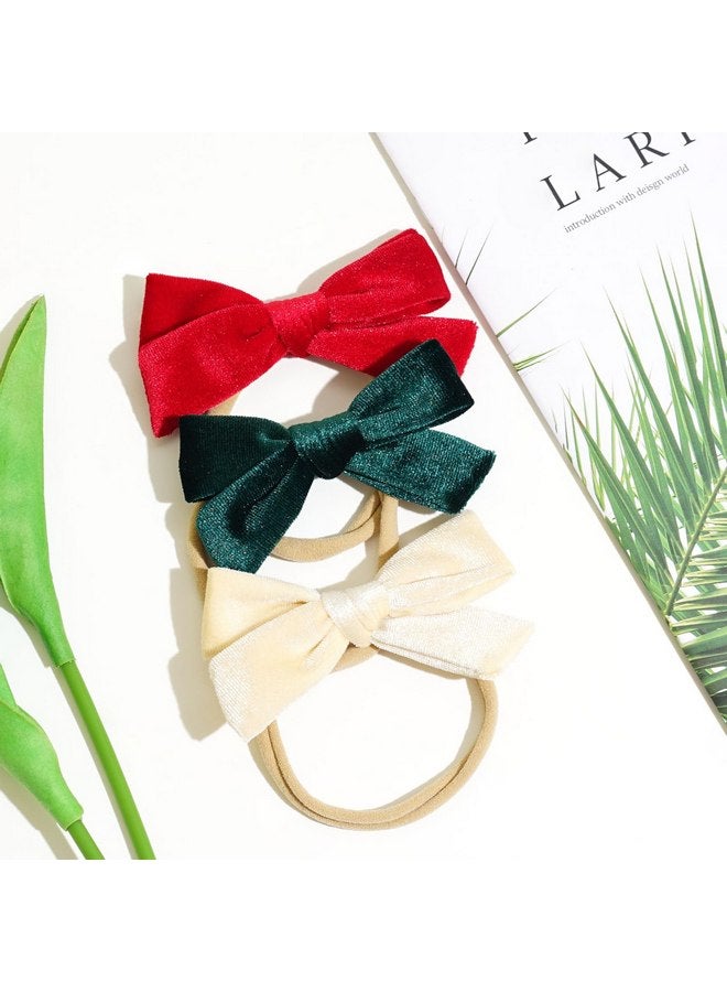 Jeffan 3Pcs 3.75" Velvet Baby Bows Headbands, Nylon Hairbands Elastic Hair Accessories for Newborn Infant Toddlers(Red, Beige, Dark Green) - Image 3