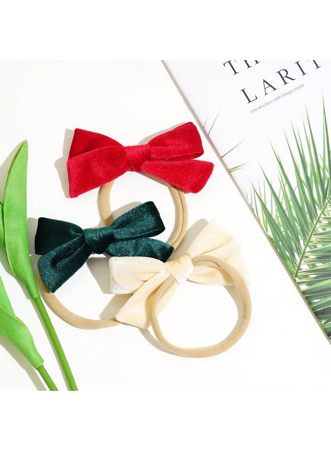 Jeffan 3Pcs 3.75" Velvet Baby Bows Headbands, Nylon Hairbands Elastic Hair Accessories for Newborn Infant Toddlers(Red, Beige, Dark Green) - Image 4