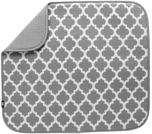 S&T INC. ST INC Dish Drying Mat 16 x 18 Absorbent Microfiber Kitchen Counter Mat Dish Drying Pad for Dishes Utensils Pots and Pans Large White Trellis