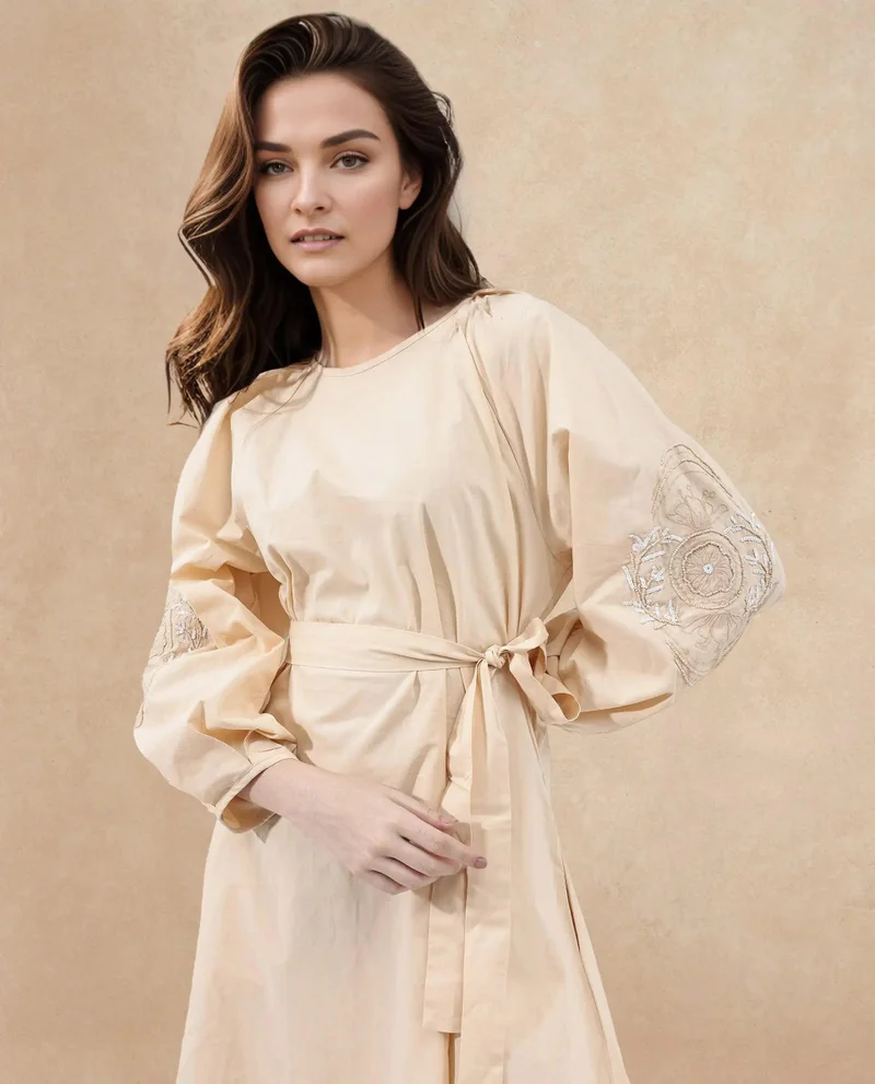 Rareism Women's Midi Dress With Embroidered Sleeves