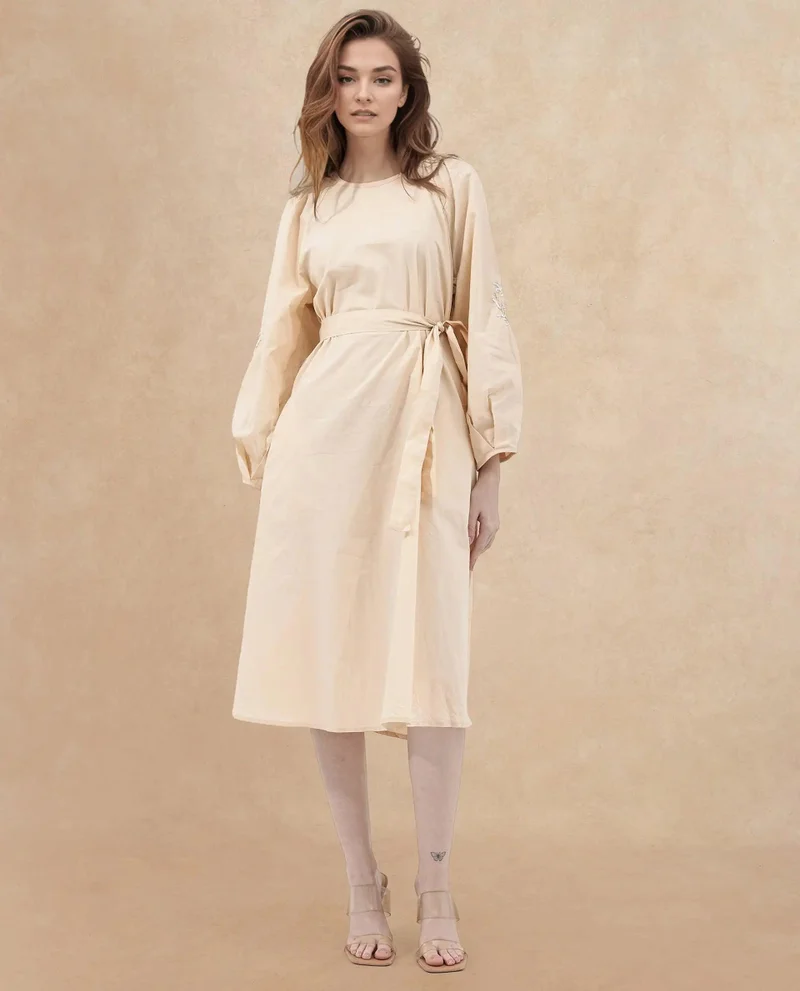 Rareism Women's Midi Dress With Embroidered Sleeves