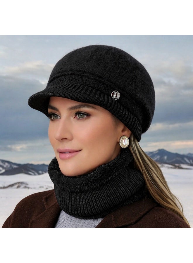 Luxury Women’s Winter Set – 2-Piece Set Featuring a Black Winter Hat and Neck Warmer, Crafted From High-Quality Fabric With a Soft Faux Fur Inner Lining, Adding a Refined and Elegant Touch to Your Winter Look