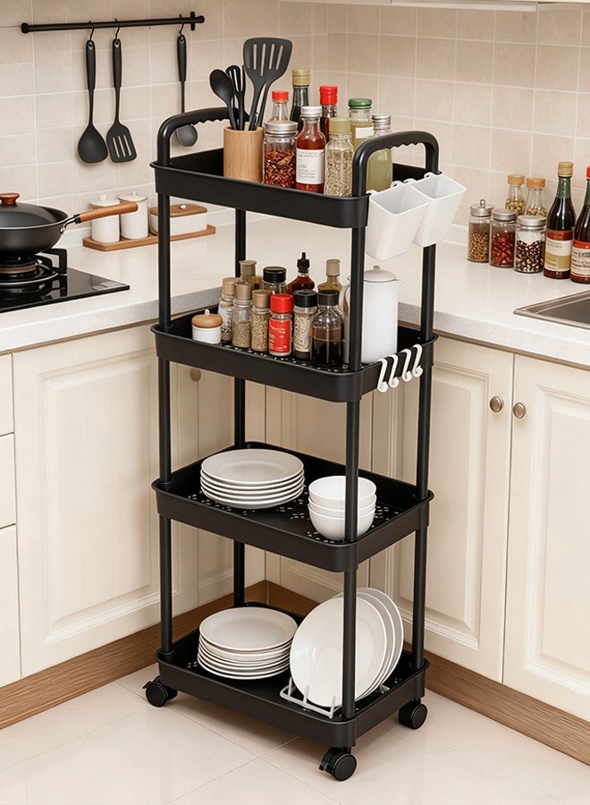 بوفان عربة أدوات متحركة بأربع طبقات مع مقبض - عربة تخزين متعددة الوظائف للمكتب وغرفة المعيشة والمطبخ - منظم متحرك على عجلات (أسود) - Image 1