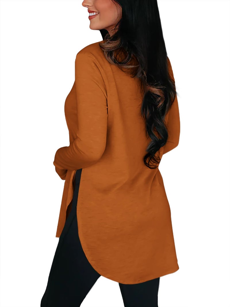 BZB Womens Long Sleeve Tunic Tops Fall Casual Crew Neck Side Split Hi-Low Hem Loose Shirts To Wear With Leggings Brick Red - Image 2