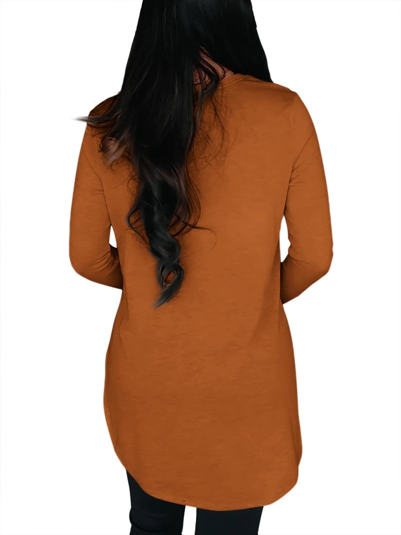 BZB Womens Long Sleeve Tunic Tops Fall Casual Crew Neck Side Split Hi-Low Hem Loose Shirts To Wear With Leggings Brick Red - Image 3