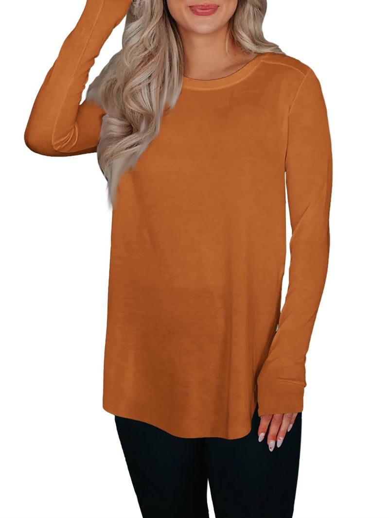 BZB Womens Long Sleeve Tunic Tops Fall Casual Crew Neck Side Split Hi-Low Hem Loose Shirts To Wear With Leggings Brick Red - Image 5