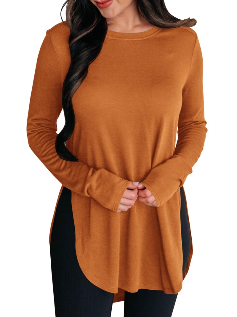 BZB Womens Long Sleeve Tunic Tops Fall Casual Crew Neck Side Split Hi-Low Hem Loose Shirts To Wear With Leggings Brick Red - Image 1