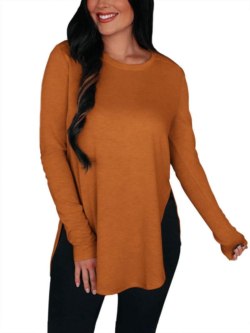 BZB Womens Long Sleeve Tunic Tops Fall Casual Crew Neck Side Split Hi-Low Hem Loose Shirts To Wear With Leggings Brick Red - Image 4
