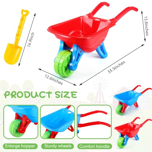 Motionchic 2 Set Kid Wheelbarrow Set Kids Gardening Tool with Long Shovel Sets Pretend Indoor Outdoor Activities Gifts for Boys and Girls Lightweight Plastic WheelbarrowRed Blue - Image 5