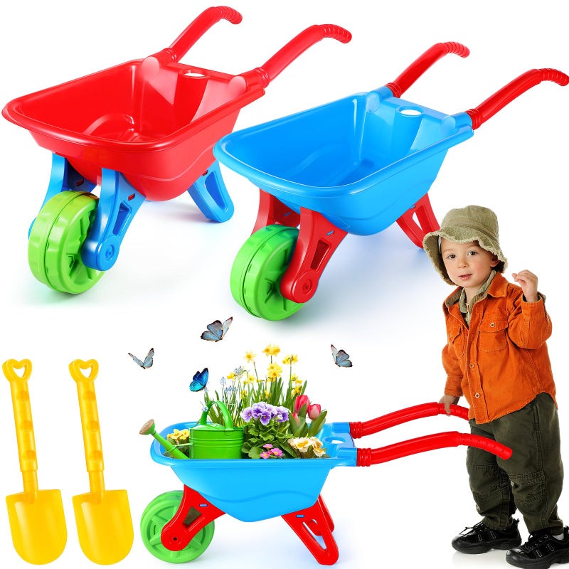 Motionchic 2 Set Kid Wheelbarrow Set Kids Gardening Tool with Long Shovel Sets Pretend Indoor Outdoor Activities Gifts for Boys and Girls Lightweight Plastic WheelbarrowRed Blue - Image 3