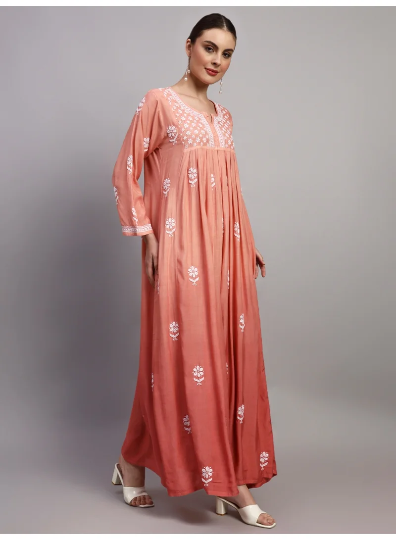 Alaya Peach Hand Embroidered Chikankari Muslin Jalabiya-AL4110 for Women | Best Price UAE