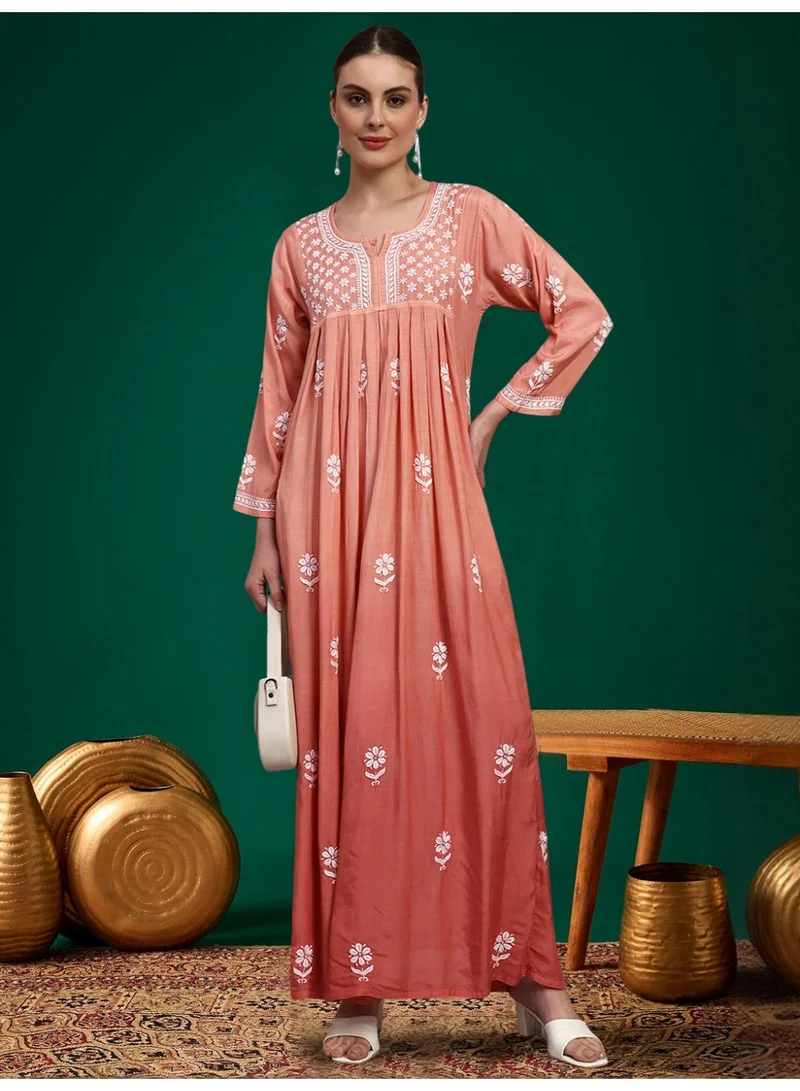 Alaya Peach Hand Embroidered Chikankari Muslin Jalabiya-AL4110 for Women | Best Price UAE