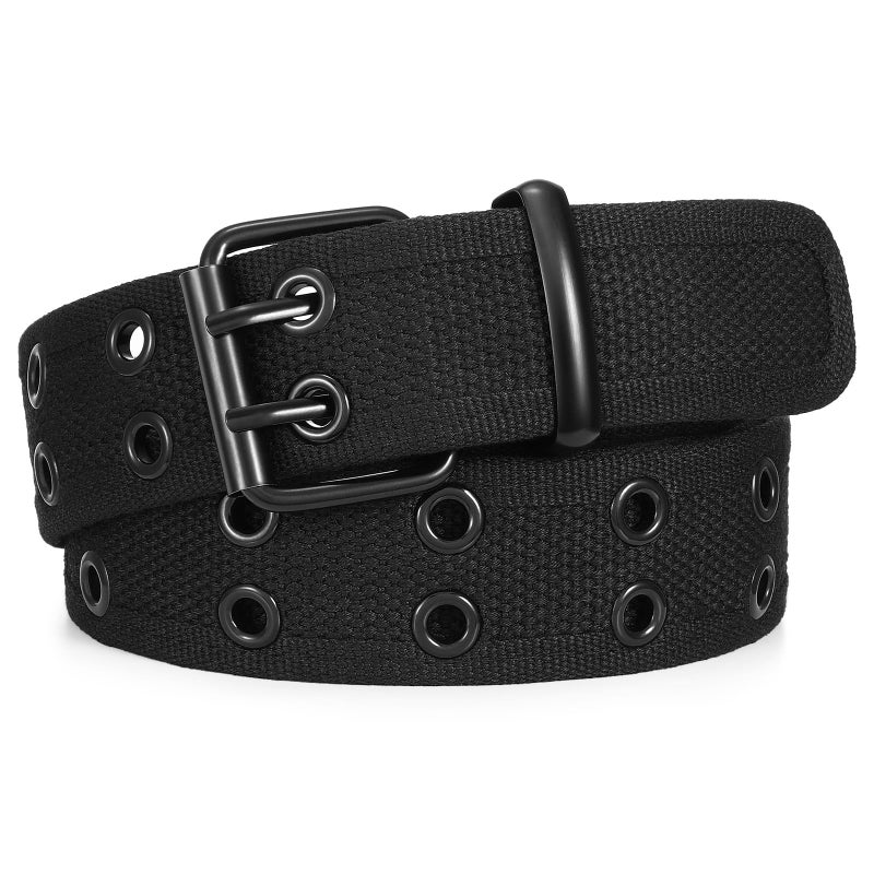 WHIPPY Canvas Double Grommet Belt Unisex Casual Double Prong Belt for Men Women for Jeans Pants, Black,Black Buckle, S - Image 1
