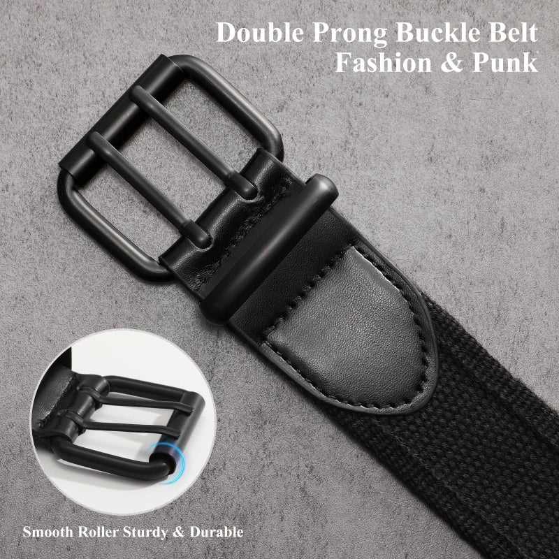 WHIPPY Canvas Double Grommet Belt Unisex Casual Double Prong Belt for Men Women for Jeans Pants, Black,Black Buckle, S - Image 3