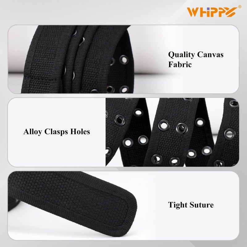 WHIPPY Canvas Double Grommet Belt Unisex Casual Double Prong Belt for Men Women for Jeans Pants, Black,Black Buckle, S - Image 4
